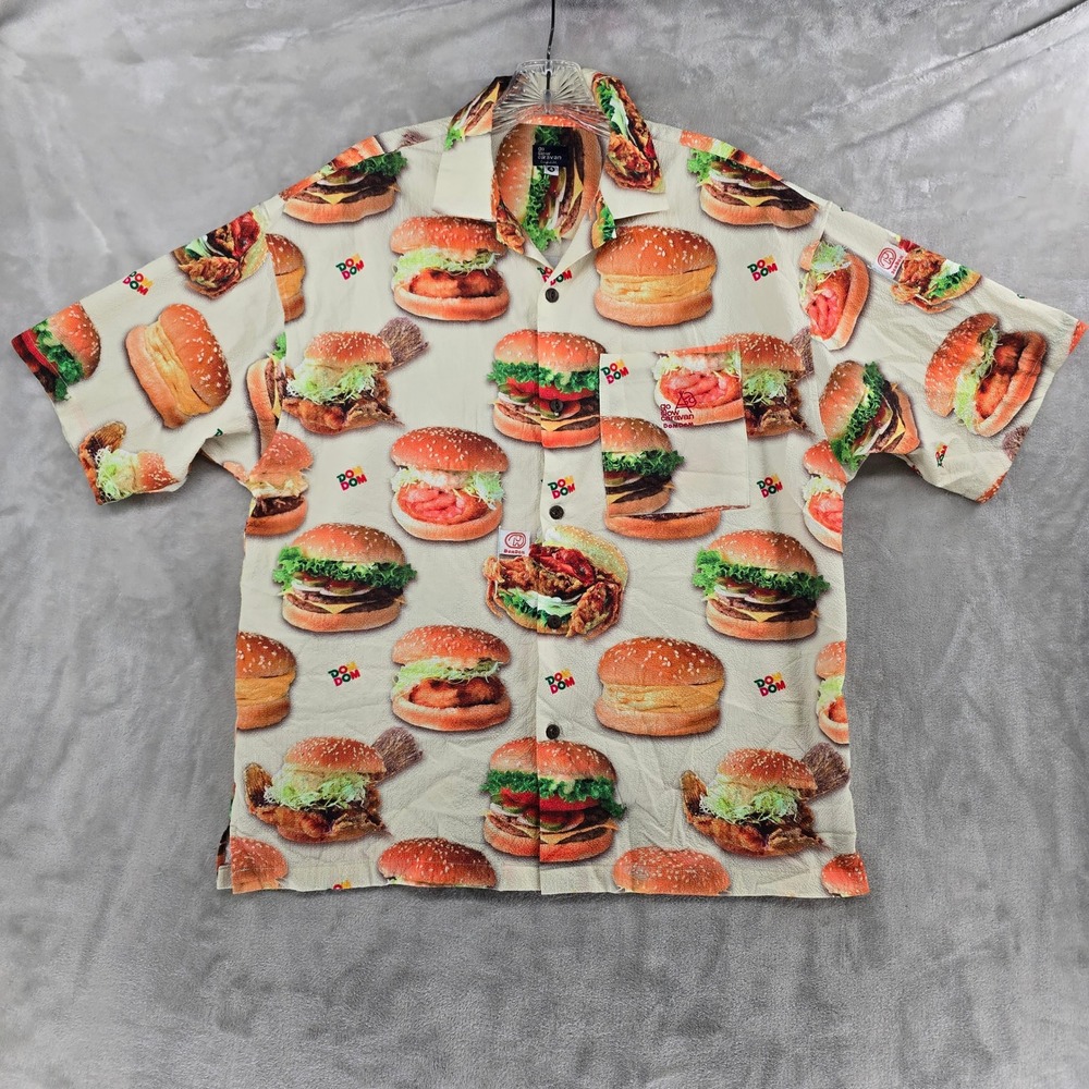 Go Slow Caravan DomDom Hamburger Shirt‎ Mens 4 Cream Burger Print Button Up